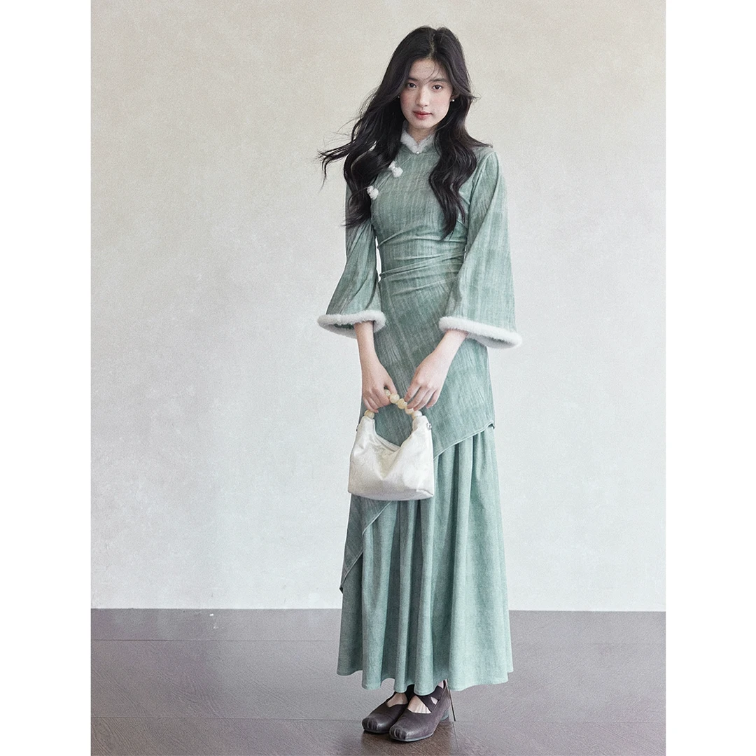 贰羊设计【诗南】新中式国风蓝绿色气质素雅条纹晕染旗袍连衣裙女