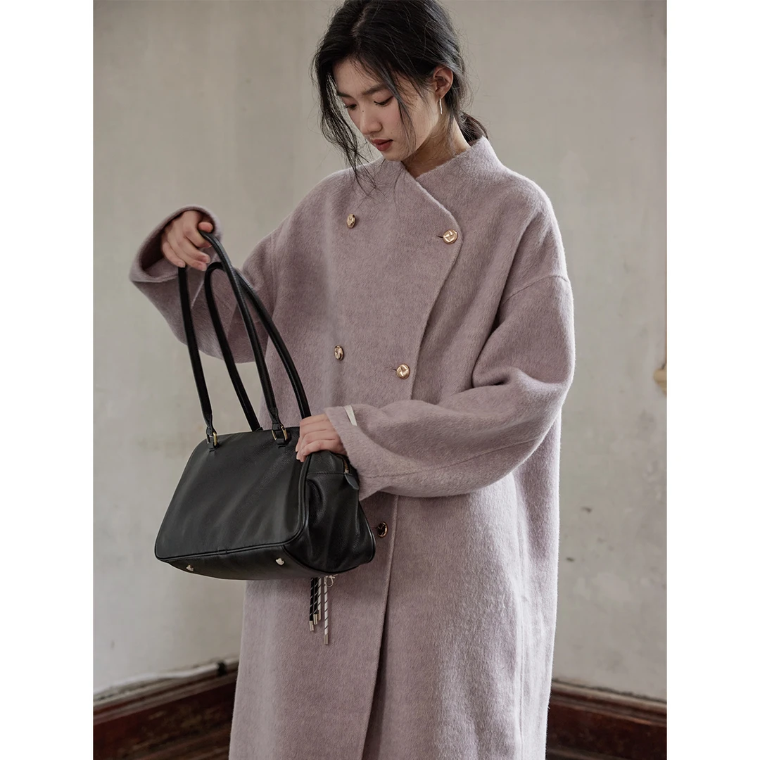 贰羊设计【秋霜序】新中式桑蚕丝羊毛兔毛混纺针织大衣秋冬外套女