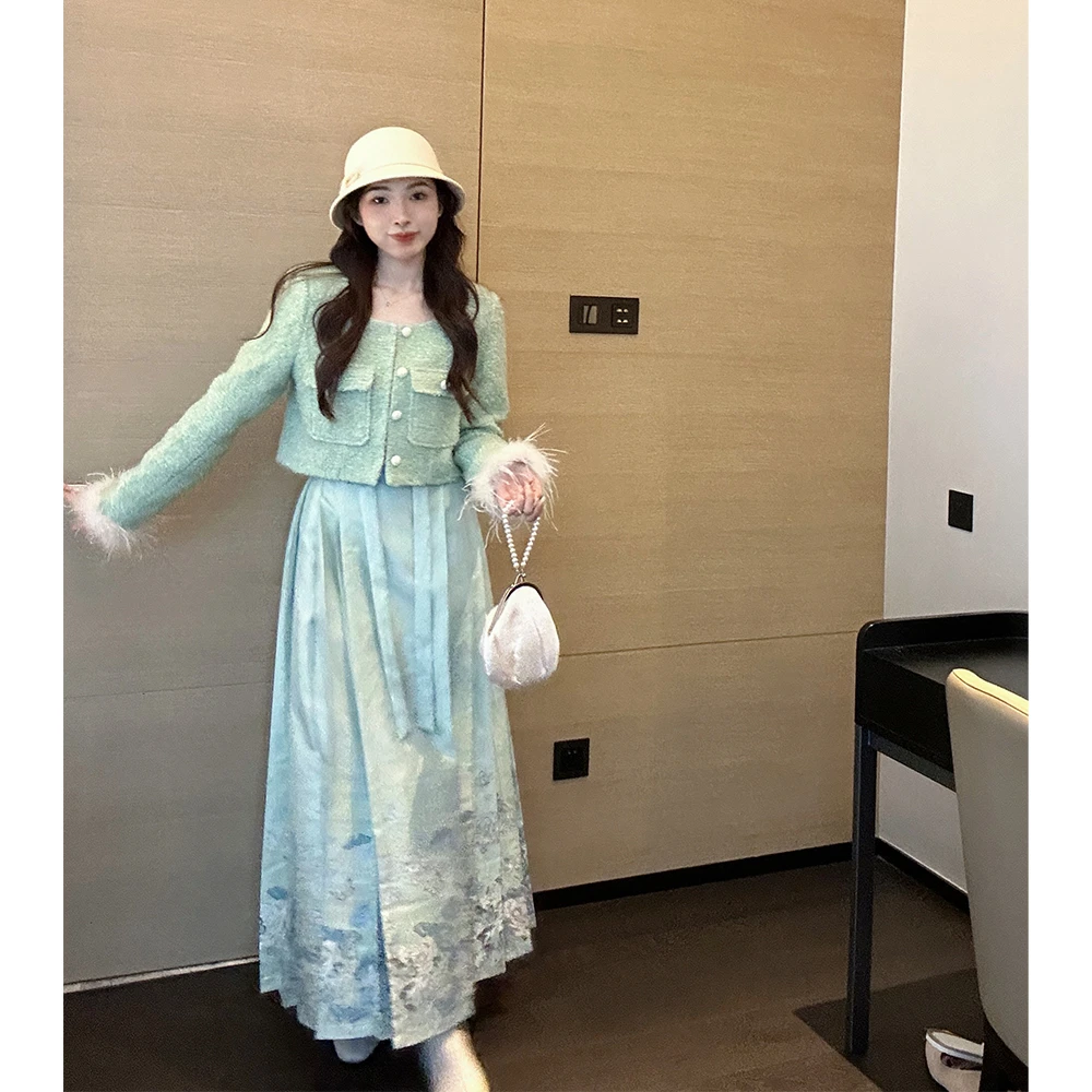 TYANG贰羊设计原创小绿蝴蝶国风新中式气质马面裙小香套装日常女