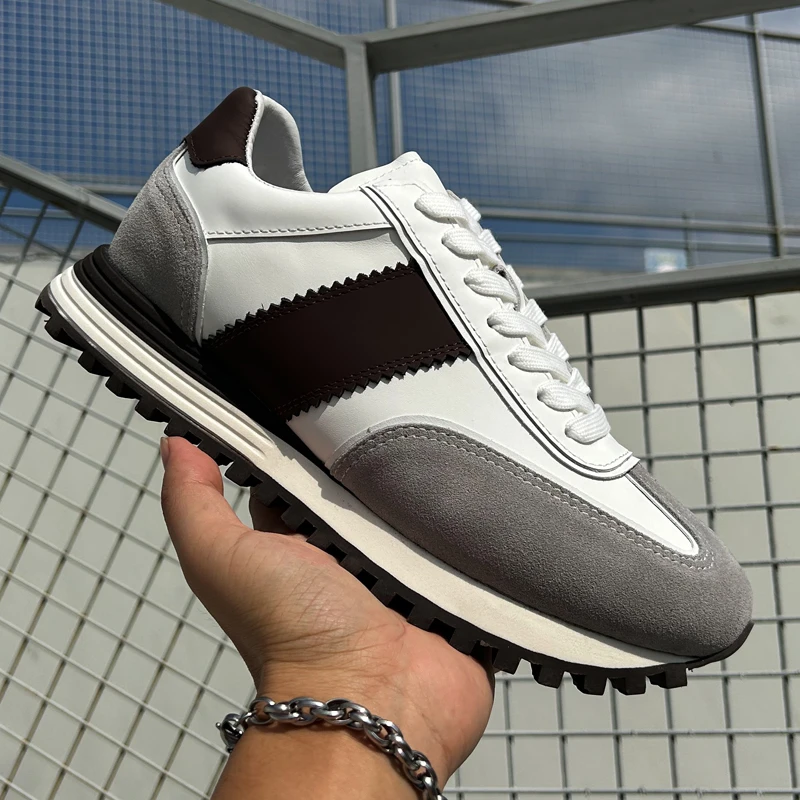 2025春季新款撞色拼接头层牛皮青年低帮系带运动休闲鞋男士阿甘鞋