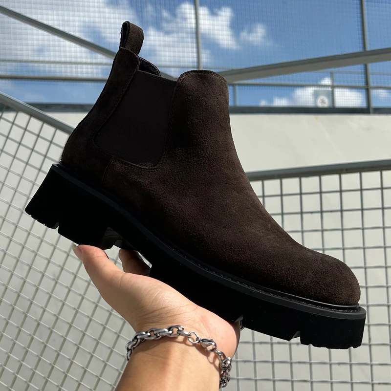 秋季新款复古反绒牛皮男士切尔西靴轻质软底百搭真皮短靴潮靴