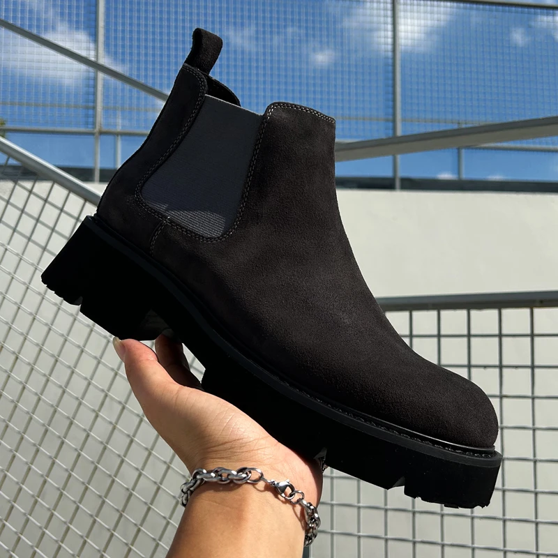 秋季新款复古反绒牛皮青年短靴轻便厚底5公分真皮切尔西男靴