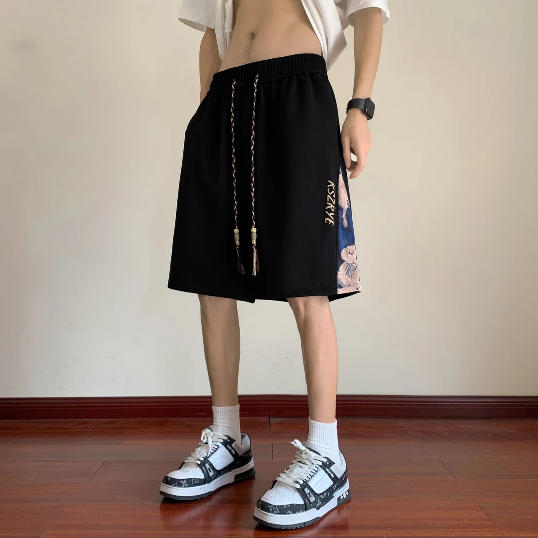 新中式短裤男女宽松直筒ins小熊拼接五分裤夏季中国风大码裤衩子