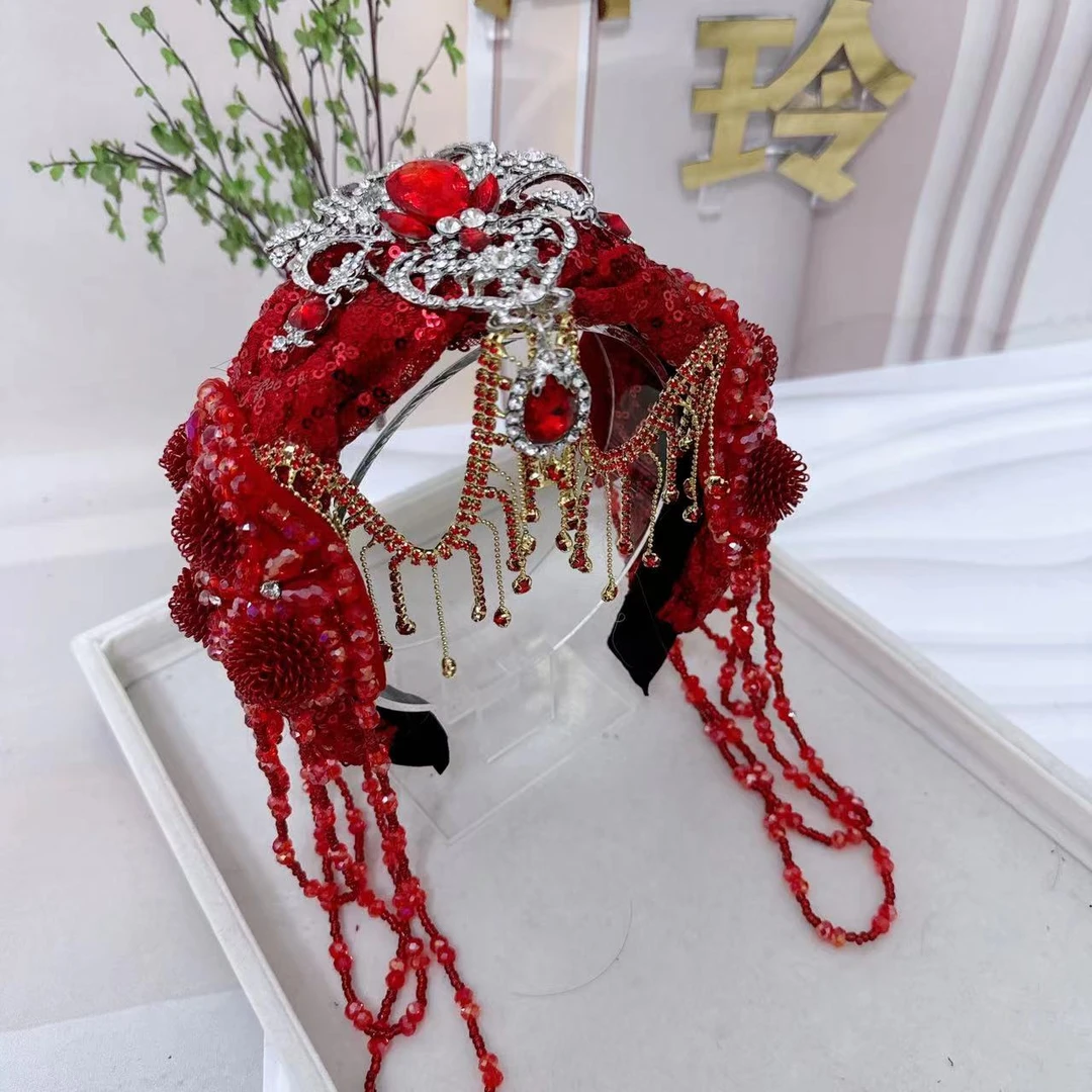 j津玲【热舞1】红色轻奢高定水晶流苏民族风发箍前额吊坠国风发饰