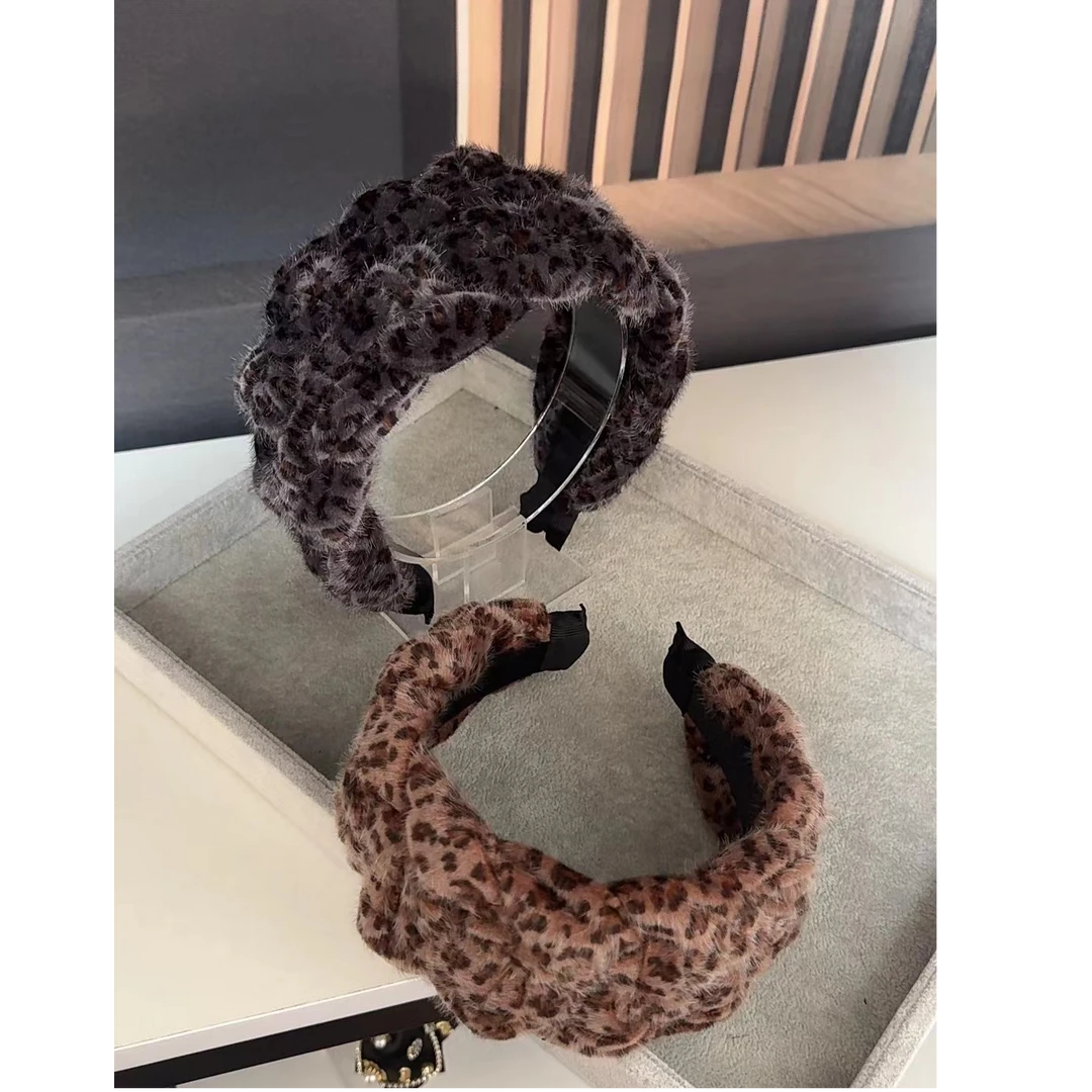 津玲原创【豹纹简约】秋冬韩国宽版麻花貂毛洋气高炉顶发箍百搭