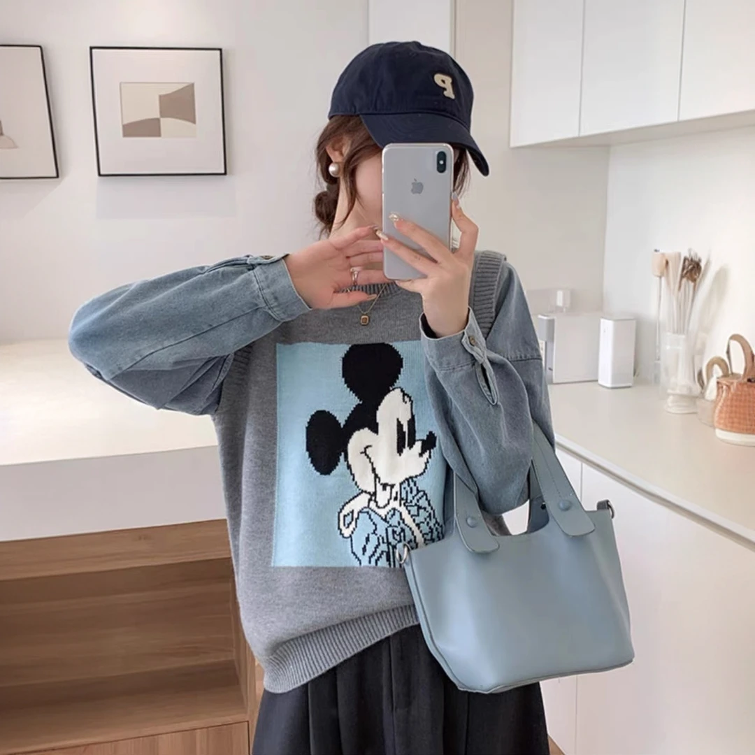 卡通米奇提花假两件拼接牛仔袖圆领针织衫新款洋气女装上衣A346