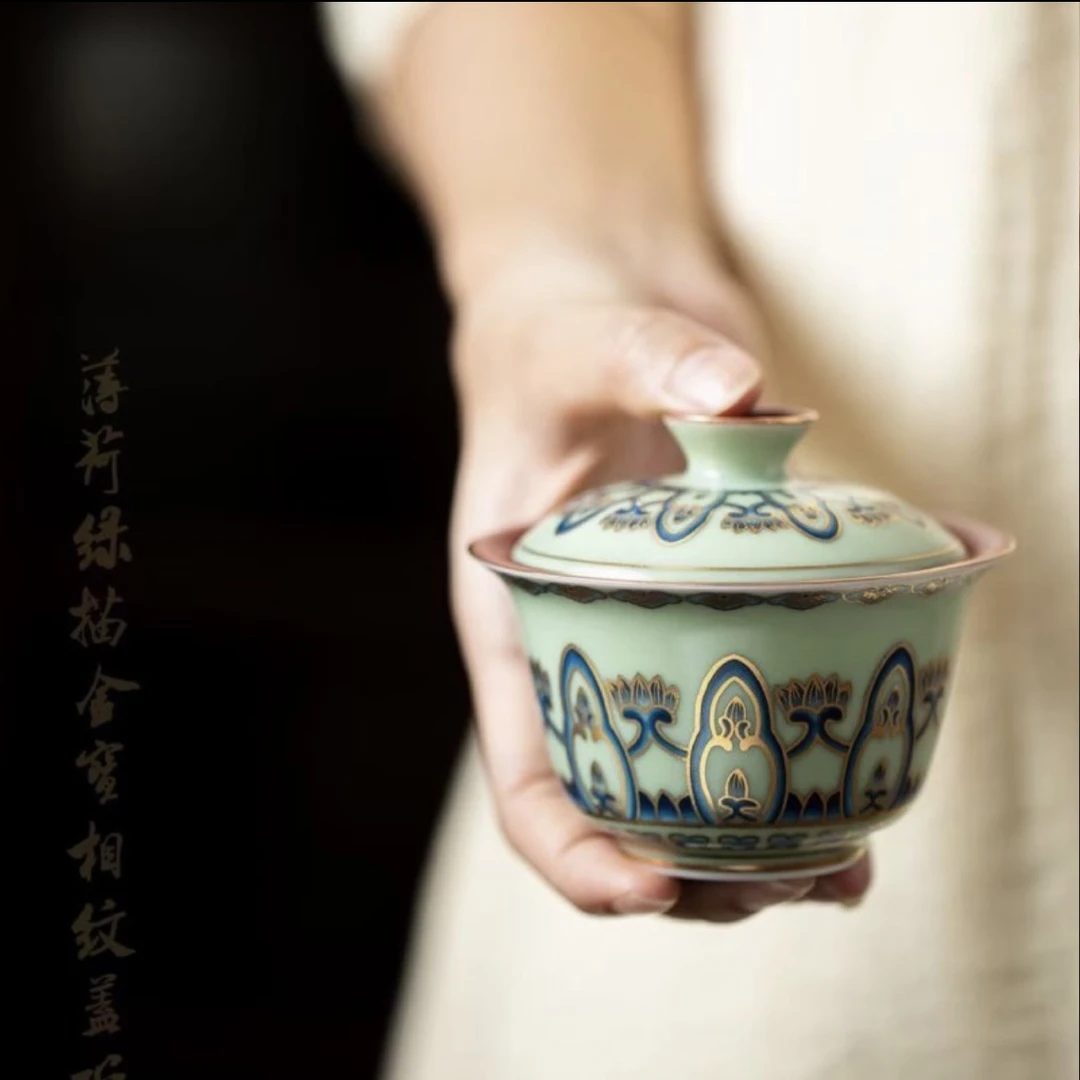 景德镇观觉堂三才描金宝相花陶瓷茶具泡茶碗复古手工盖碗茶家用