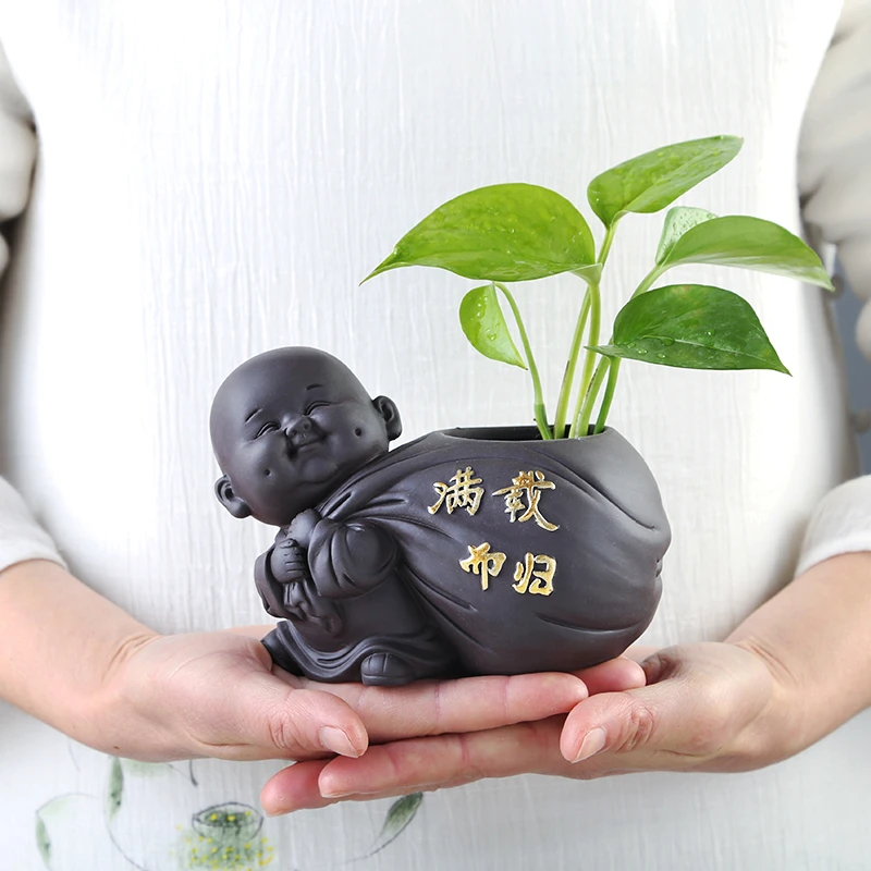 紫砂茶宠摆件精品弥勒佛茶桌上可养水培小花器花瓶茶具配件摆设