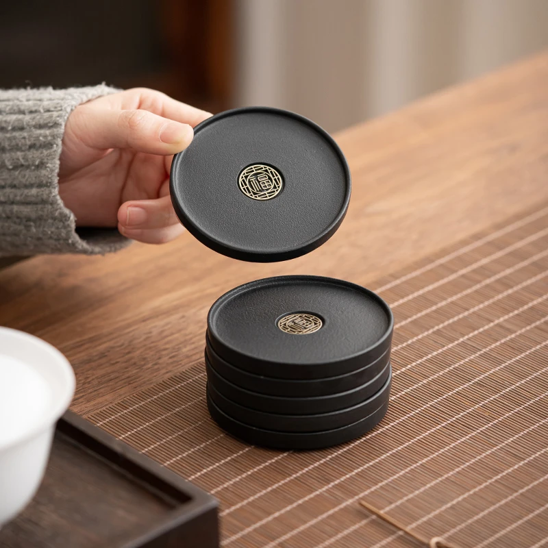 陶瓷杯垫杯托纯色简约茶杯垫复古风黑陶圆形创意隔热垫茶道配件