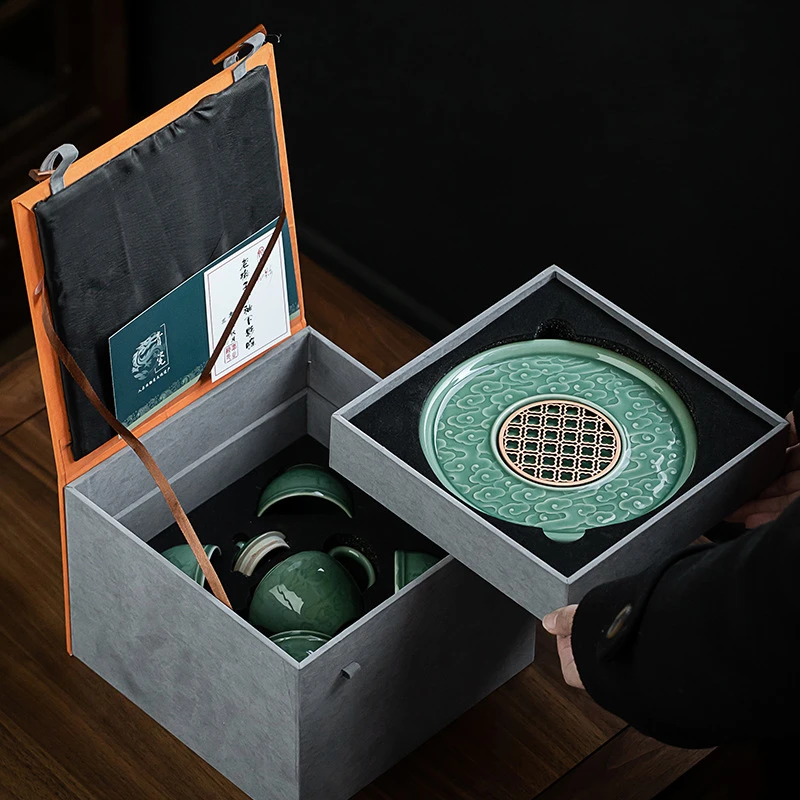 悟影青瓷手作文人雅器单杯 老梅子青釉下影雕工艺马上有钱套装