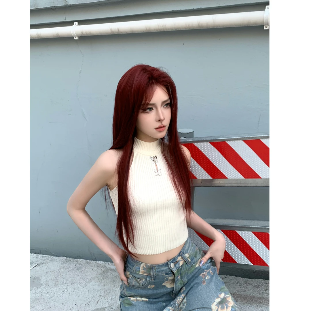 【红发女主】显白日常中分前额蕾丝树莓红长直发全头套