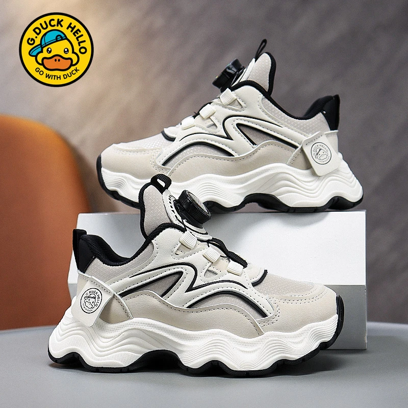 小黄鸭男童鞋2025新款儿童运动鞋秋冬季小白鞋老爹防水皮面跑步鞋
