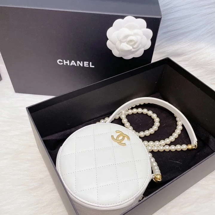 99新 Chanel/香奈儿 【专属】白金圆饼珍珠菱格斜跨单肩包..
