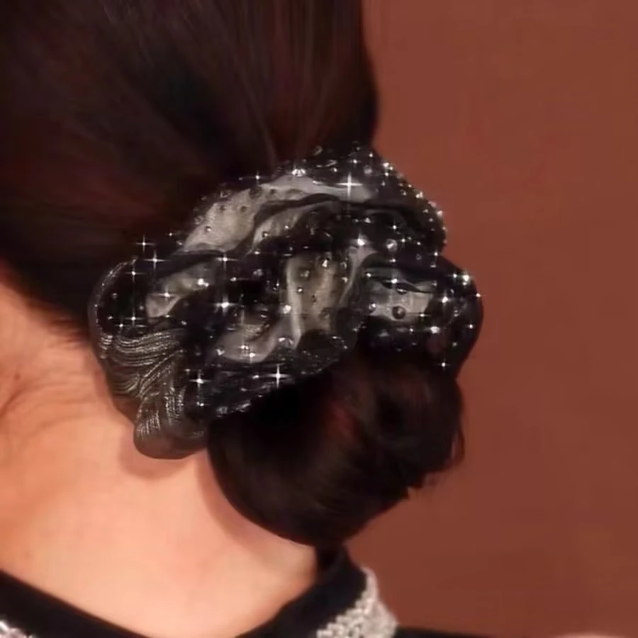 大肠圈法式温柔气质头绳2023秋冬新品女超闪镶钻印花薄纱发圈大号