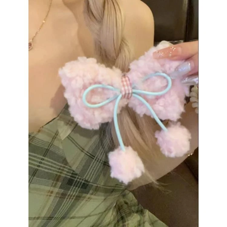 奶油泡芙~甜美毛绒蝴蝶结发夹可爱少女羊毛羔气质夹侧边刘海夹女