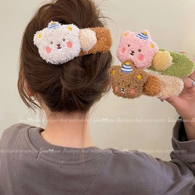 侧边刘海夹彩色羊羔毛女立体头饰发饰小熊大号鸭嘴夹甜美可爱发夹