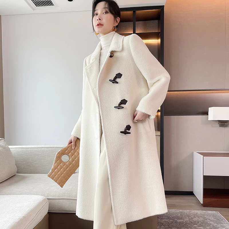 日系白色苏力羊驼毛大衣女中长款2024新款牛角扣羊驼毛呢外套