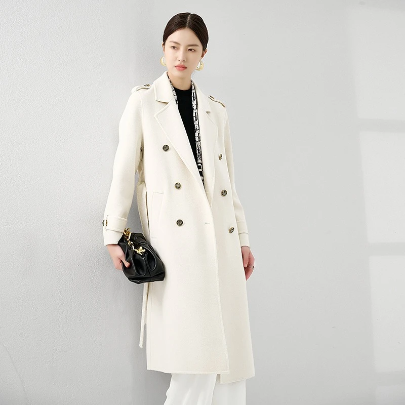 纯白色100纯山羊绒双面羊绒大衣女韩系简约赫本风冬长款风衣外套