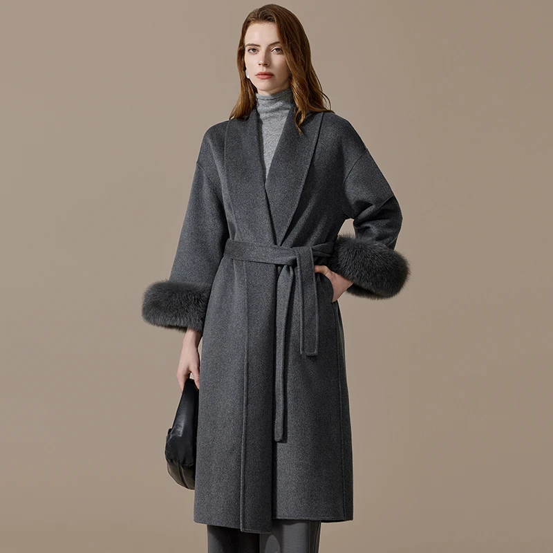 100山羊绒大衣女中长款2024秋冬新款狐狸毛袖口外搭披肩毛呢外套
