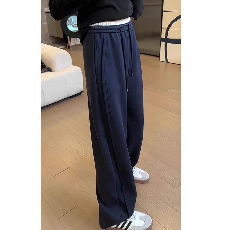 美式高腰抽绳垂感休闲阔腿裤女冬季2024秋冬装新款显瘦直筒长裤子