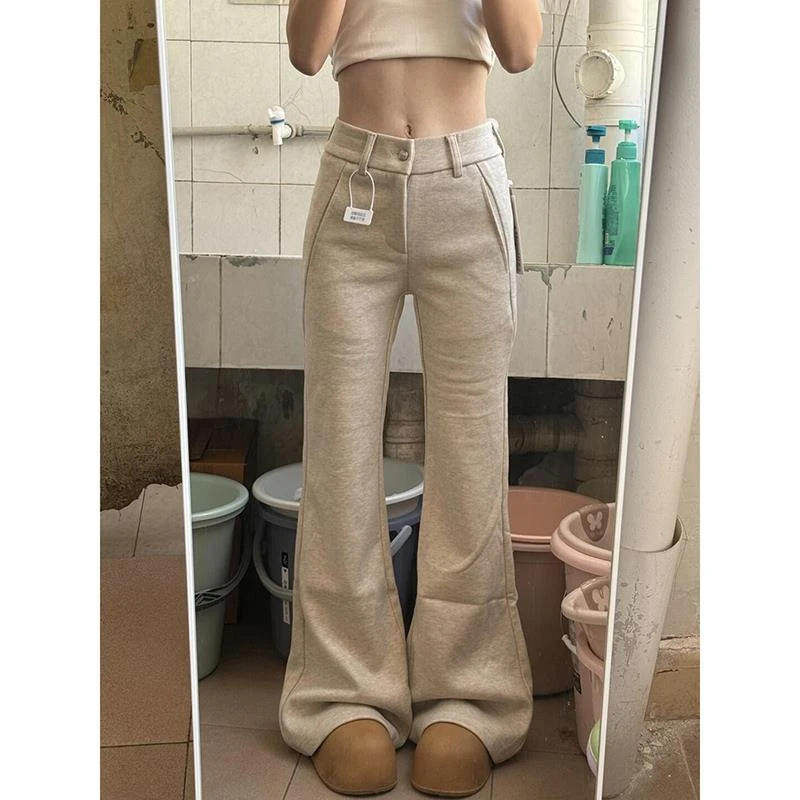 美式复古燕麦色高腰休闲裤女春秋冬显瘦微喇别致独特休闲百搭长裤