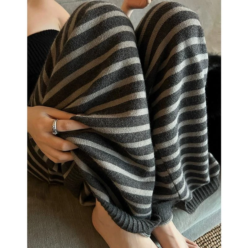 自留爆款推荐~慵懒周末 松弛感撞色条纹阔腿裤女秋冬休闲拖地裤子