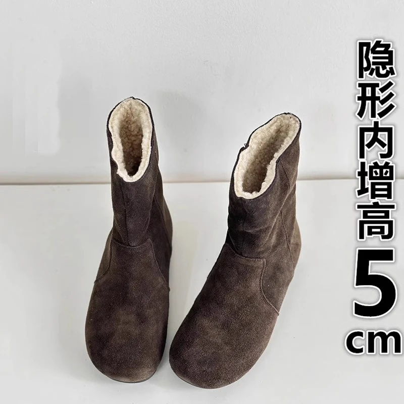 内增高5cm厚底勃肯羊羔毛雪地靴女2024新款咖色真皮保暖加绒短靴
