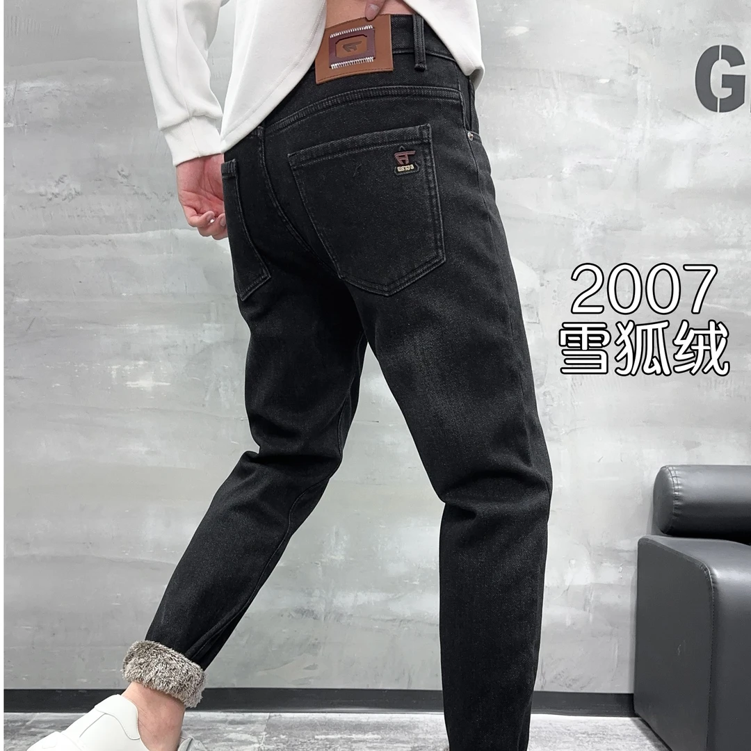 24冬季新款牛仔裤男款加绒加厚保暖雪狐绒修身弹力黑色水洗长裤