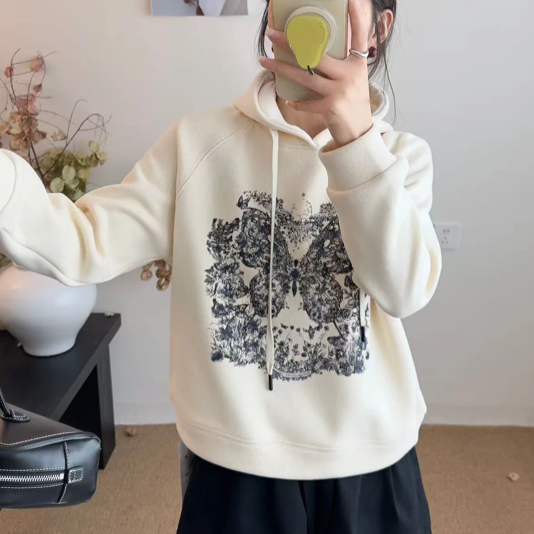 2024秋季新款女士长袖卫衣印花蝴蝶帽衫重工百搭圆领上衣-1911