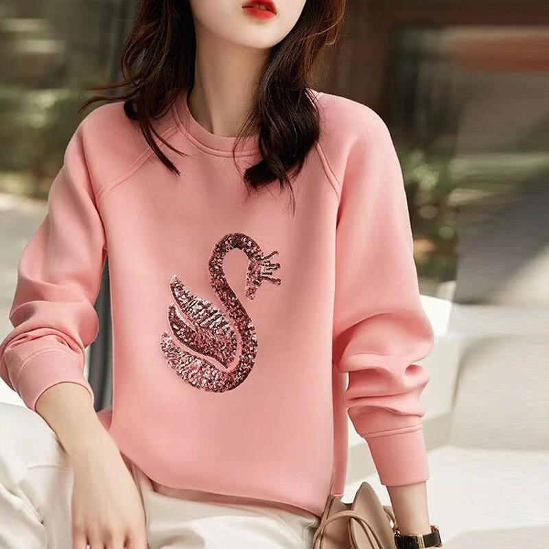 天鹅2024-秋季新款薄款透气女士长袖卫衣重工亮片刺绣上衣-8866