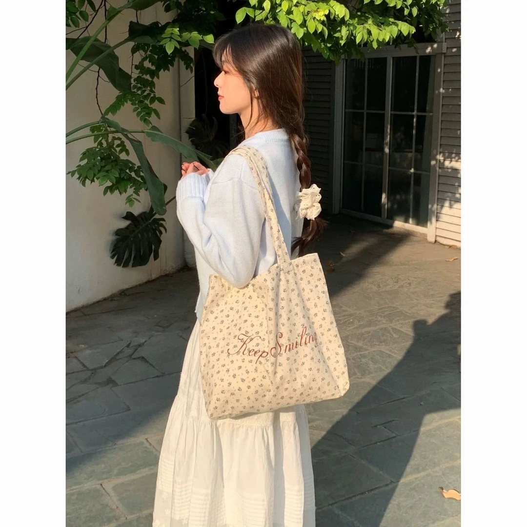 碎花包包女式帆布包2024新款韩国韩系字母托特大容量购物袋