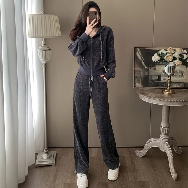 深灰色休闲运动套装女春秋显瘦时尚洋气网红炸街卫衣阔腿裤两件套