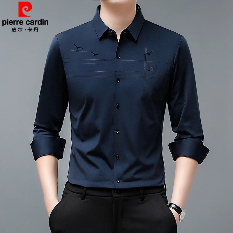 皮尔卡丹休闲冰丝长袖衬衫男春秋高端无痕弹力免烫男士冰丝衬衣男