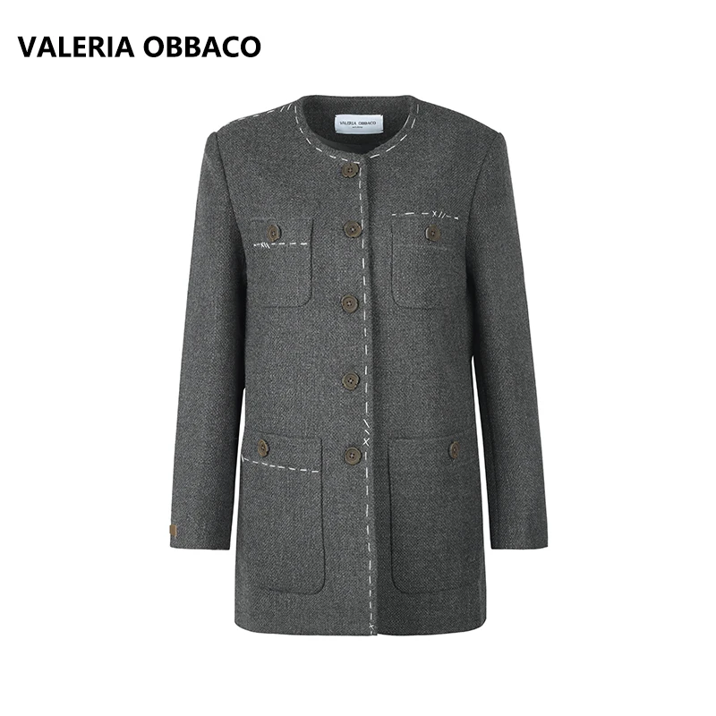 VALERIA OBBACO / VO 灰色手工线迹大衣 知性显瘦外套