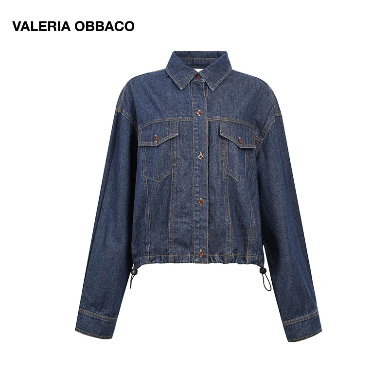 VALERIAOBBACO/瓦莱丽娅 奥贝科简约复古绣花抽绳牛仔衬衫
