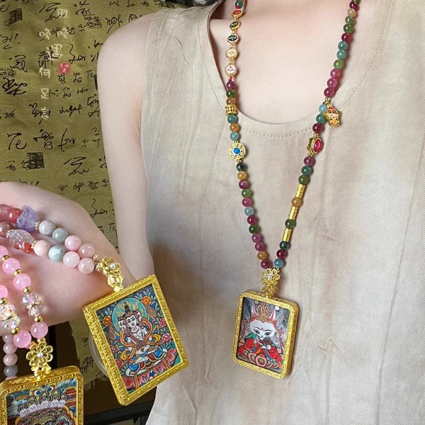 铜合金项链 藏式唐卡扎基拉姆串珠吊坠项链女新中式高级感毛衣链