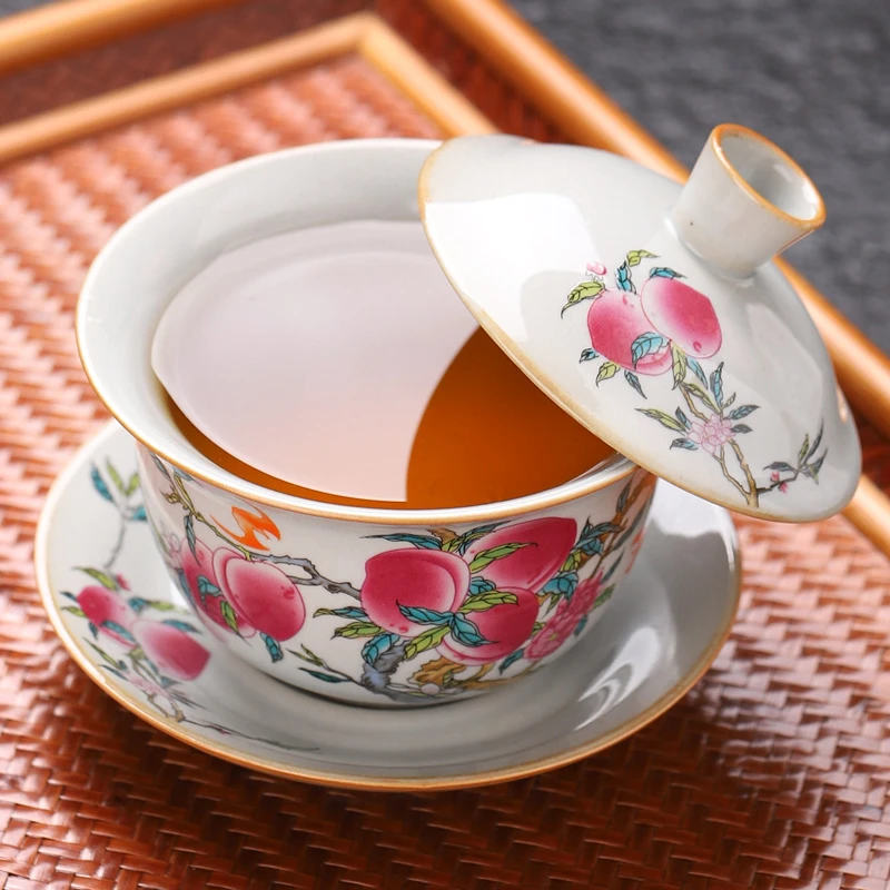 德化复古创意粗陶茶具高档茶杯陶瓷珐琅彩泡茶碗悬停带盖子寿桃杯