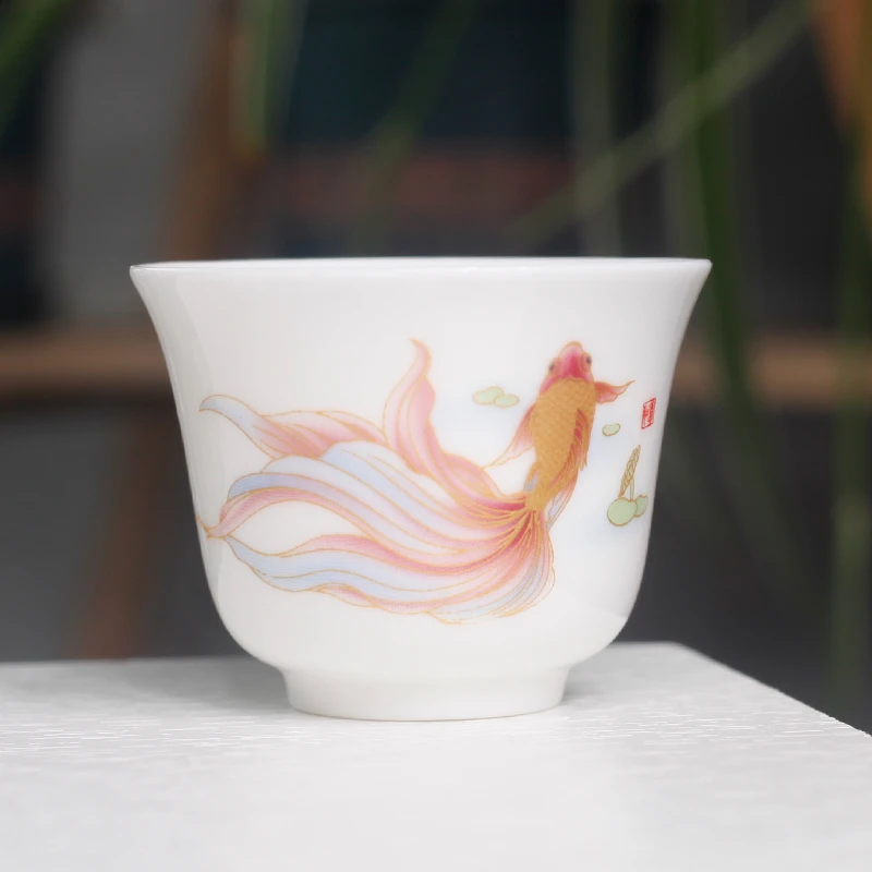 功夫茶具白瓷三才盖碗茶杯公道杯茶漏组合装家用羊脂描金鱼泡茶碗