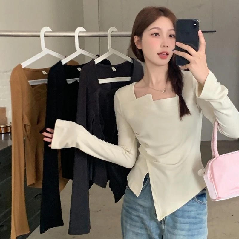 大码女秋款长袖T恤正肩设计胖妹妹遮肉显瘦独特别致上衣减龄潮流