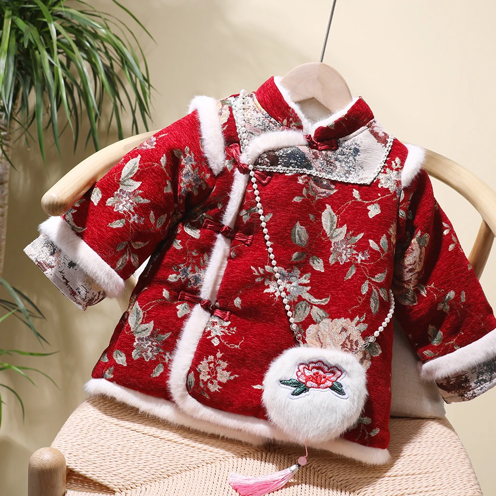 女童唐装冬装中国风周岁女宝宝拜年服洋气外套冬季中长款加厚棉衣