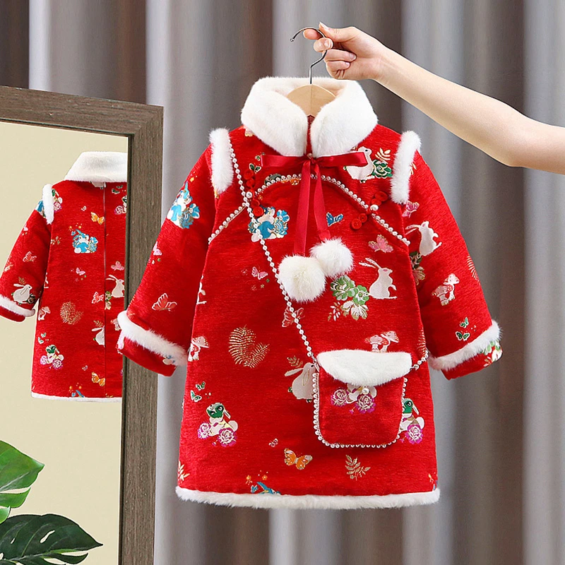 【迎兔】新品旗袍女童旗袍夹棉冬季加绒加厚格格年服过年服拜年服潮