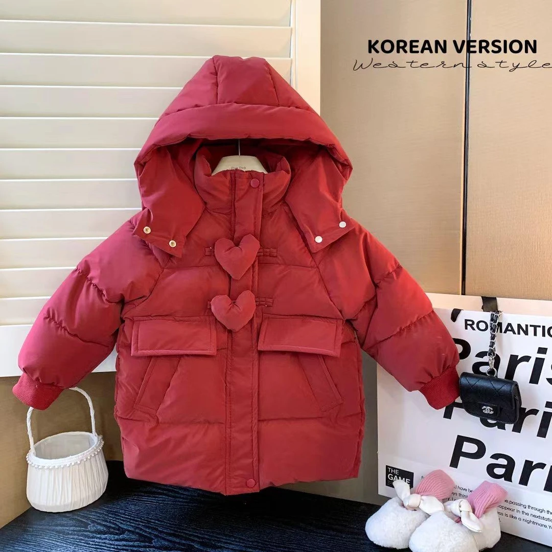 女童新年红棉服冬装2024新款洋气儿童装棉袄加绒加厚中长款棉外套