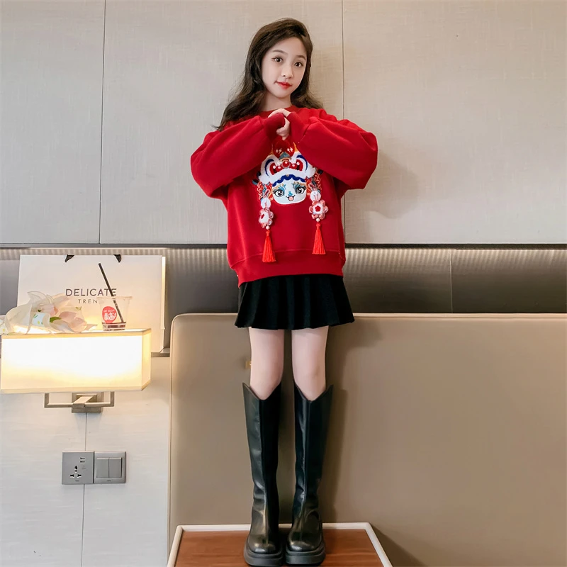 女童龙年红色卫衣女秋冬2024新款儿童加绒上衣冬装女孩新年衣服
