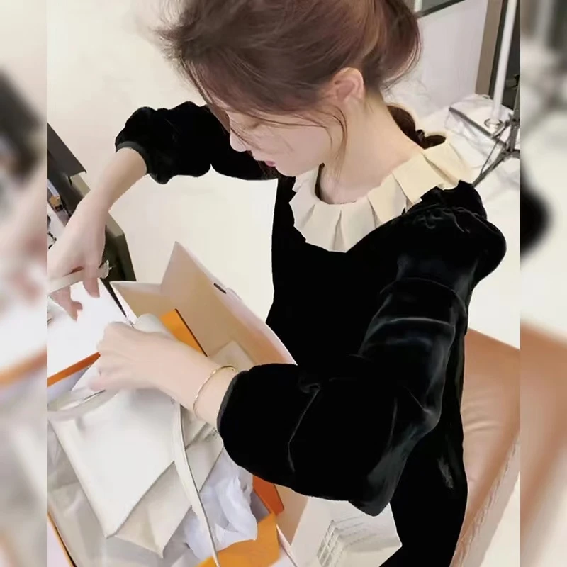 娃娃领 荷叶边休闲百搭显瘦法式桑蚕丝丝绒