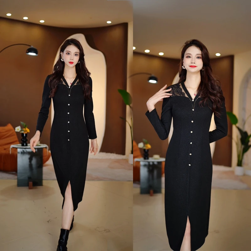 琴妲QD8031大码法式蕾丝气质拼接赫本连衣裙收腰遮胯显瘦小黑裙子