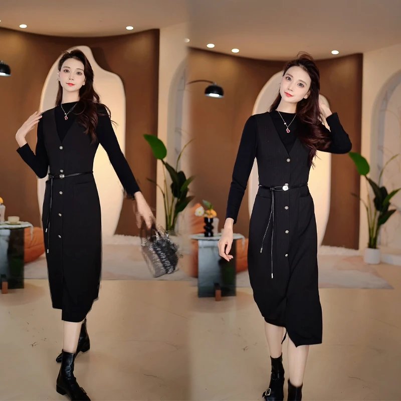 琴妲QD8025气质款式V领连衣裙女欧版时尚减龄收腰显瘦打底连衣裙