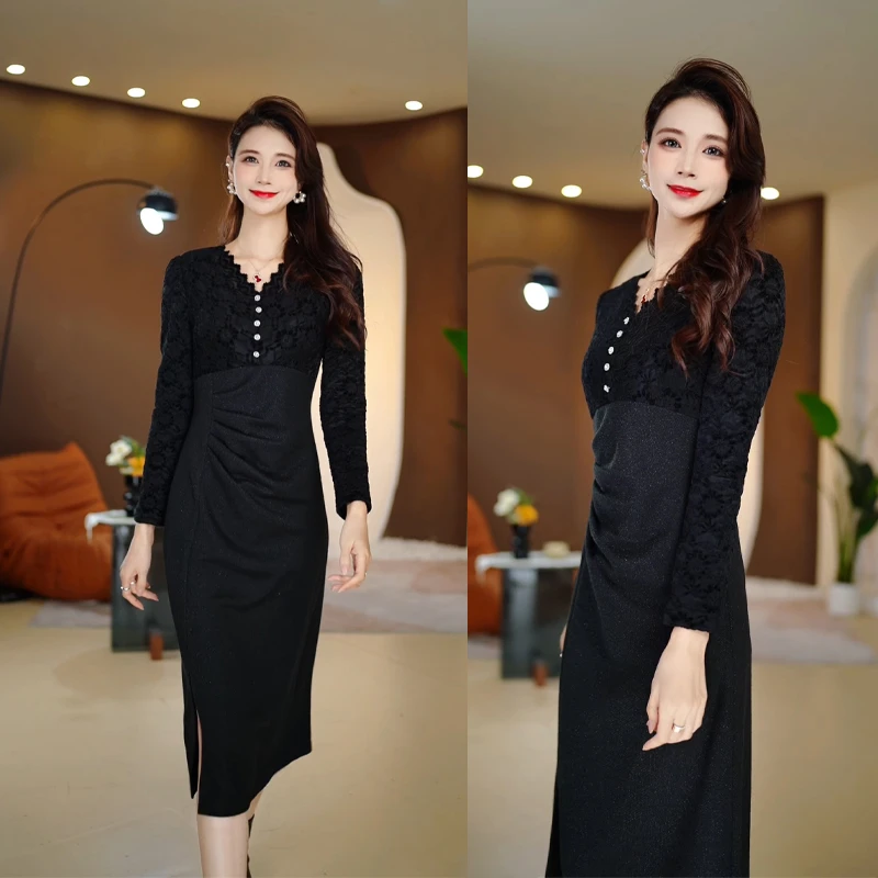 琴妲QD8032蕾丝拼接连衣裙秋季新款时尚气质名媛长袖打底气质裙子