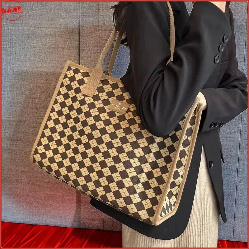 大气流行爆款大容量包包女百搭单肩包格子托特包帆布手提袋妈咪包