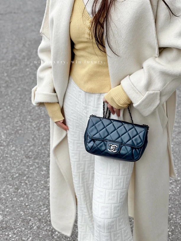 95新 Chanel/香奈儿 香奈儿cf珠光蓝mini口盖单肩斜挎包 21开带卡