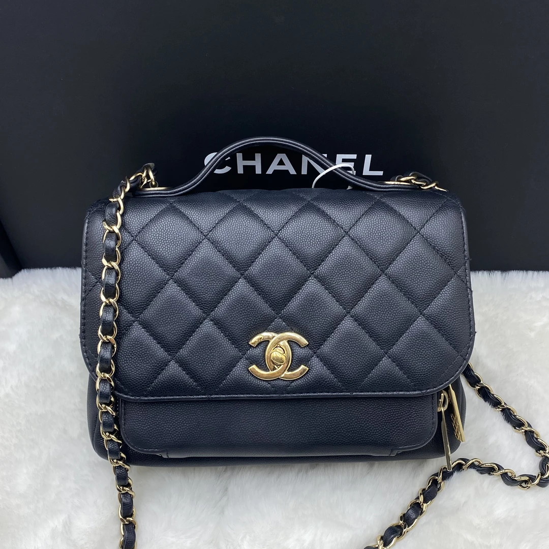 95新 Chanel/香奈儿 香奈儿黑金荔枝邮差小号手提斜挎包 27开带卡